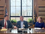 House Speaker Dan Rayfield, D-Corvallis, House Minority Leader Jeff Helfrich, R-Hood River, and House Majority Leader Julie Fahey, D-Eugene, speak with reporters in January 2024. Helfrich and Fahey are attempting to find agreement on new campaign finance rules. 
