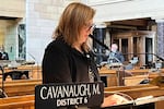 State Sen. Machaela Cavanaugh speaks before the Nebraska Legislature in March as part of an effort to filibuster every bill that comes before the Legislature this session.