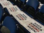 Signs read "Make America Strong Again!" on the third night of the Republican National Convention.