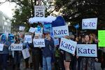 Supporters of Gov. Kate Brown demonstrate in Portland outside of the third and final gubernatorial debate of the 2018 campaign.