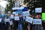 Supporters of Gov. Kate Brown demonstrate in Portland outside of the third and final gubernatorial debate of the 2018 campaign.