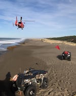 FILE - In this photo provided by the Oregon State Police taken Sunday, Jan. 15, 2017, a U.S. Coast Guard helicopter searches a beach about two miles north of Cape Blanco, Oregon.