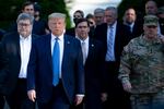 President Trump walks with Attorney General William Barr (left), Secretary of Defense Mark Esper (center), and Chairman of the Joint Chiefs of Staff Mark A. Milley (right), and others from the White House to visit St. John's Church after the area was cleared of people protesting the death of George Floyd on June 1, 2020. Milley later issued an emotional apology at National Defense University, that officials say incensed Trump.