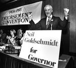 Neil Goldschmidt stands at a podium during his gubernatorial campaign in 1986.