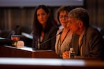 Department of Human Services Director Fariborz Pakseresht, Child Welfare Program Director Marilyn Jones and Child Welfare Treatment Program Manager Sara Fox testify in front of the Oregon Senate Committee on Human Services on Oregon foster children in out-of-state facilities on April 11, 2019.