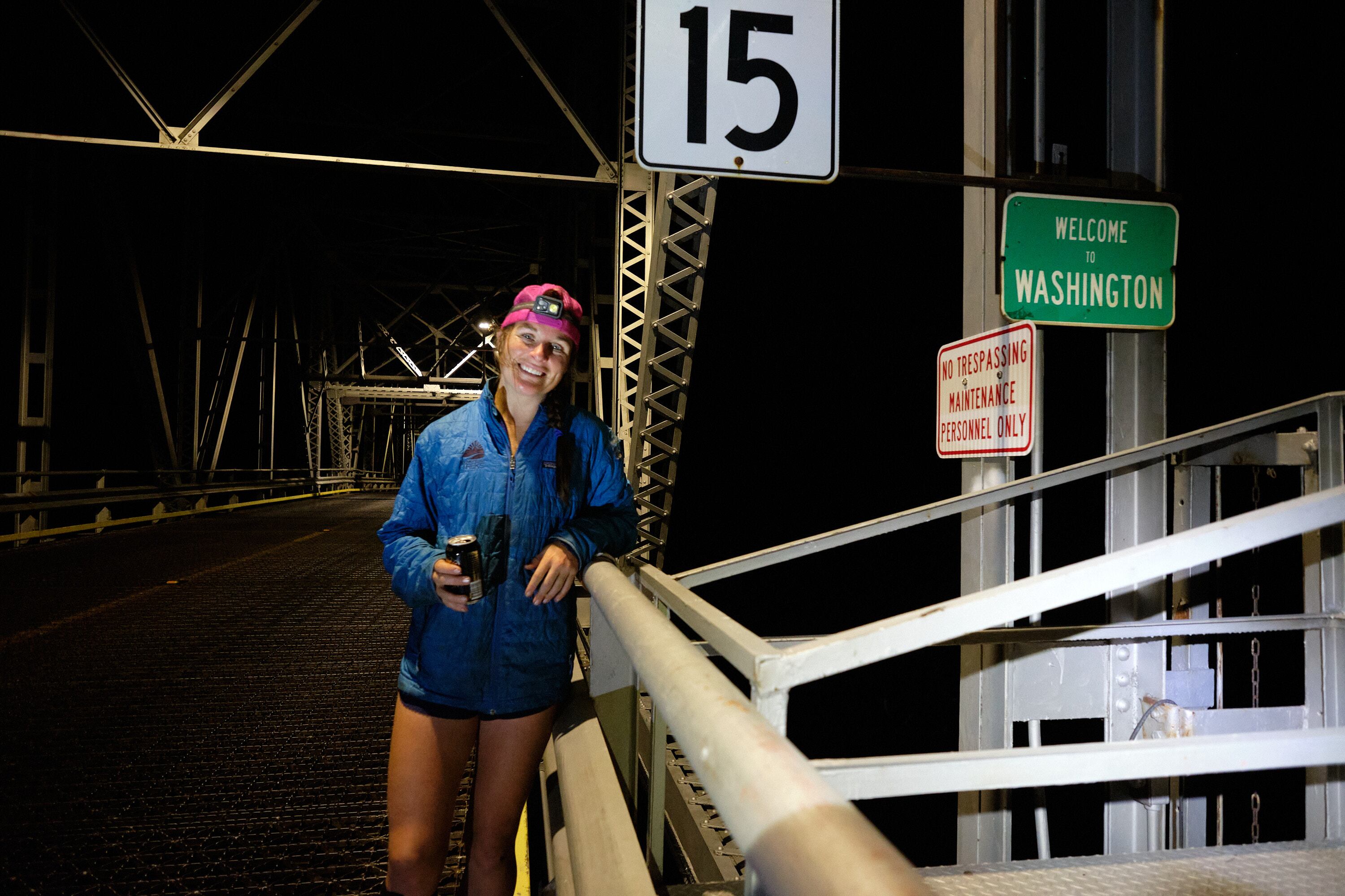 Emily Halnon celebrating on the Bridge of the Gods on the Oregon-Washington border in August 2020. Halnon set a new overall record for covering the Oregon Pacific Crest Trail in 7 days, 19 hours and 23 minutes.