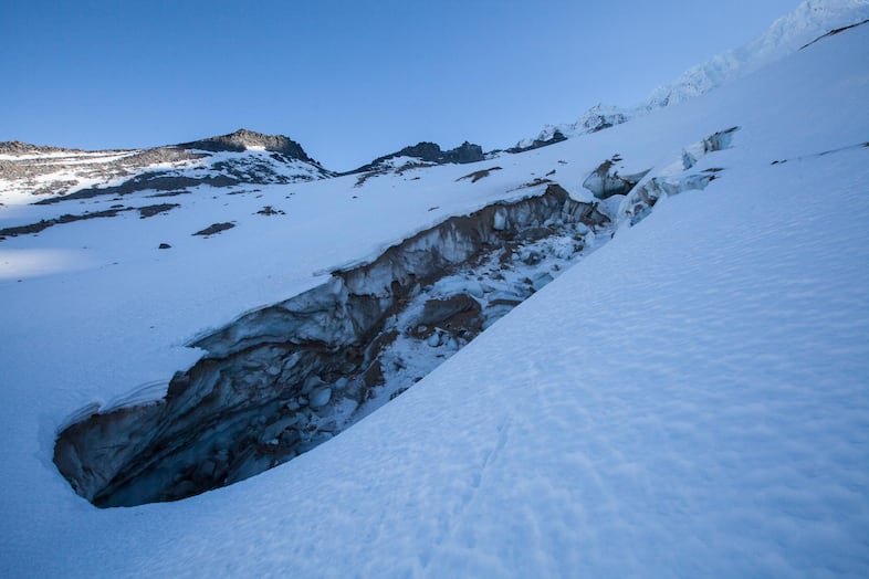 As the 2,451-foot-long Snow Dragon cave collapsed, beginning in late 2014, it created a series of canyons within the Sandy Glacier. Once the process of collapse began, it proved unstoppable.
