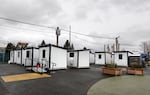 A cluster of sleeping pods at the Clinton Triangle shelter on February 27, 2024. The shelter is the city's largest, offering space to more than 200 guests.