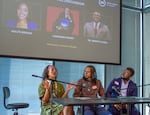 From left to right: Youth librarian Aislyn Brown; writer and community advocate Lakayana Drury; and Portland State University Black studies professor Bright Alozie speak on a panel after the presentation of the 2026 State of Black Oregon report at Portland State University, Oct. 6, 2026 in Portland, Ore. The full report, due to be released next month, sparked conversation about what improvements the panelists would like to see in a future study 10 years from now.
