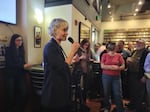 Kaarin Knudson addresses supporters at The Bier Stein in Eugene on May 21, 2024, after taking a commanding lead in the primary election.