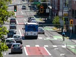 Dedicated bus and bike lanes on Southeast Hawthorne Boulevard in Portland, Ore., July 9, 2024. Hawthorne was modified, adding parking, bike and bus lanes, and turn lane, in summer 2021. 