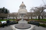 FILE - The sun dial stands in front of the Legislative Building, March 10, 2022, at the state Capitol in Olympia, Wash.