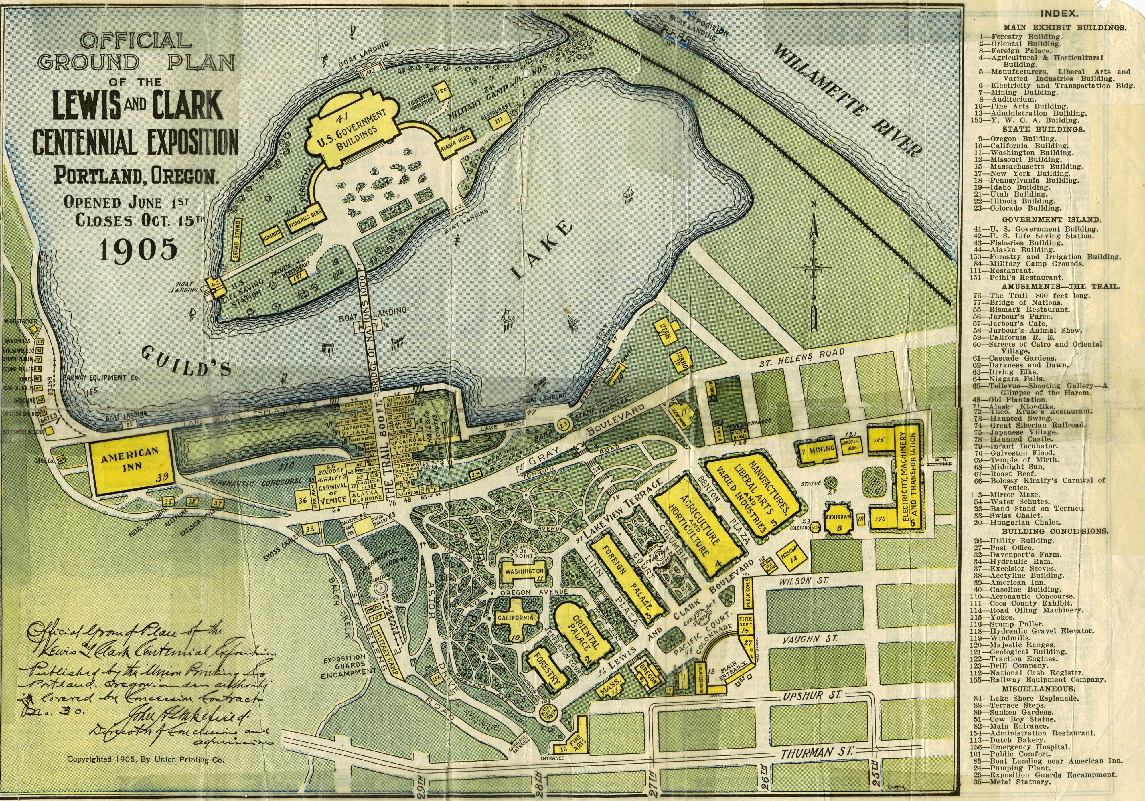 This image shows the official ground plan map for the 1905 Lewis and Clark Exposition.