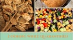 The cover of the cookbook features a triptych of three dishes: Left, a pair of chopsticks reaching into a pile of dumplings; Top right, a loaf of bread on a metal pan; Bottom right, a colorful mixture of corn, black beans, sliced red pepper, diced purple onion and diced cucumber. The title "Cooking While Quarantined" runs along the bottom of the cover.