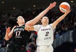 FILE — Portland Fire's Megan Gustafson (17) , shown in this May 23, 2026 file photo, scored 22 points Saturday to help fuel a Portland Fire win over the Indiana Fever.