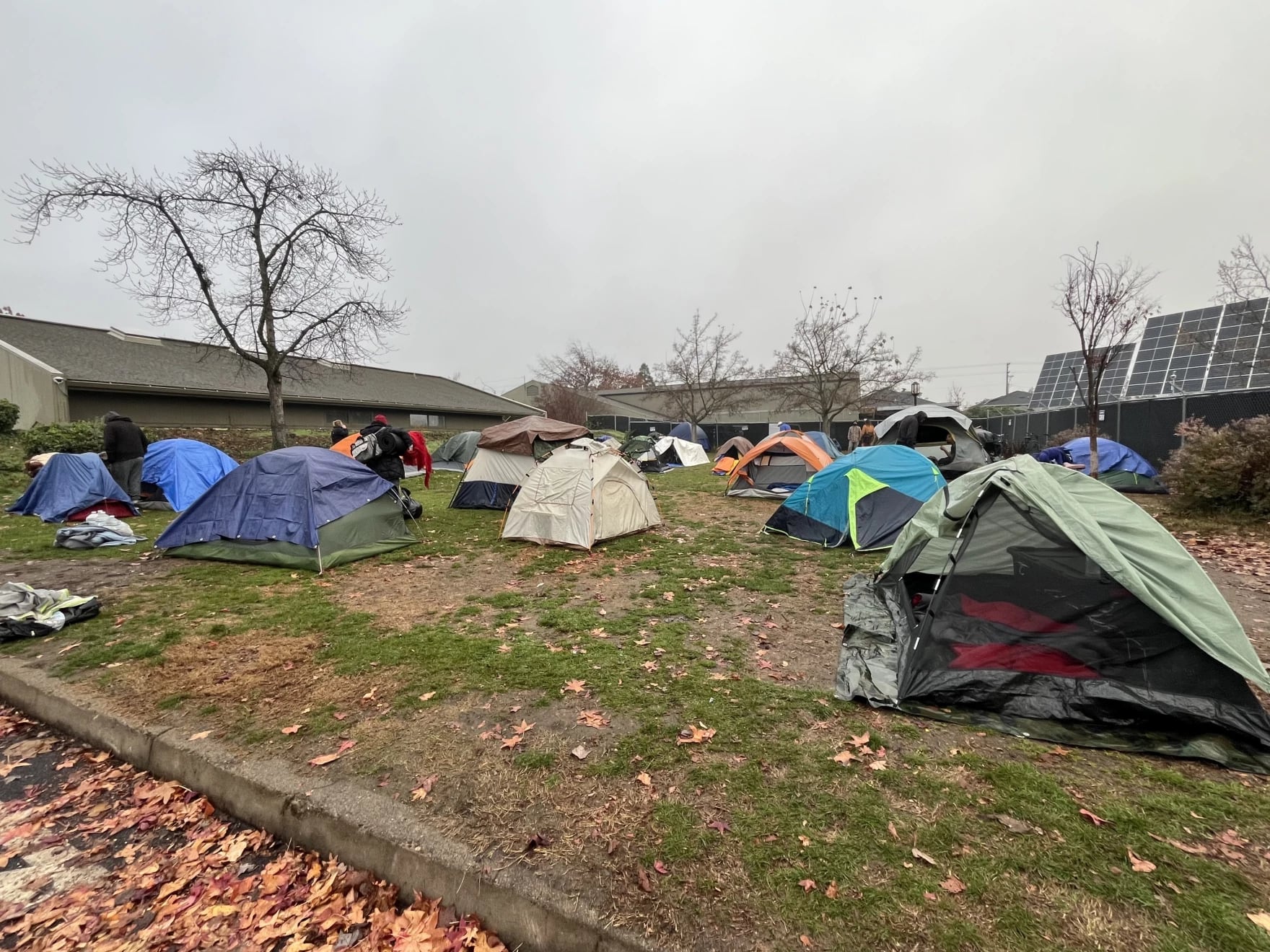 The homeless camping area behind Ashland's police station, known as the night lawn, shown on Nov. 24, 2025.
