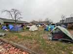 The homeless camping area behind Ashland's police station, known as the night lawn, shown on Nov. 24, 2025.