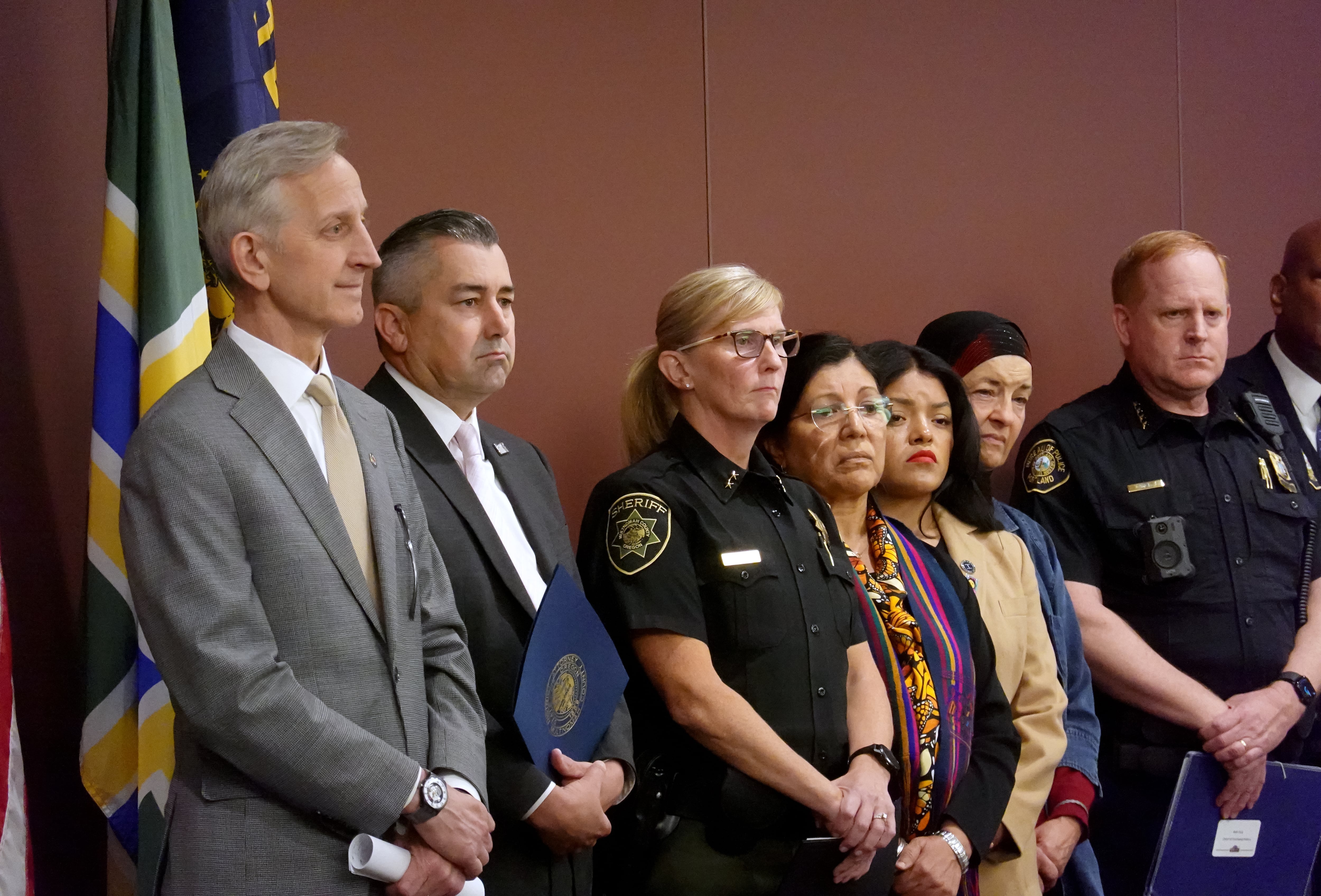 Officials from the city of Portland and Multnomah County gather for a press conference on June 13, 2025, to discuss upcoming protest across the city.