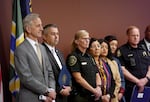 Officials from the city of Portland and Multnomah County gather for a press conference on June 13, 2025, to discuss upcoming protest across the city.