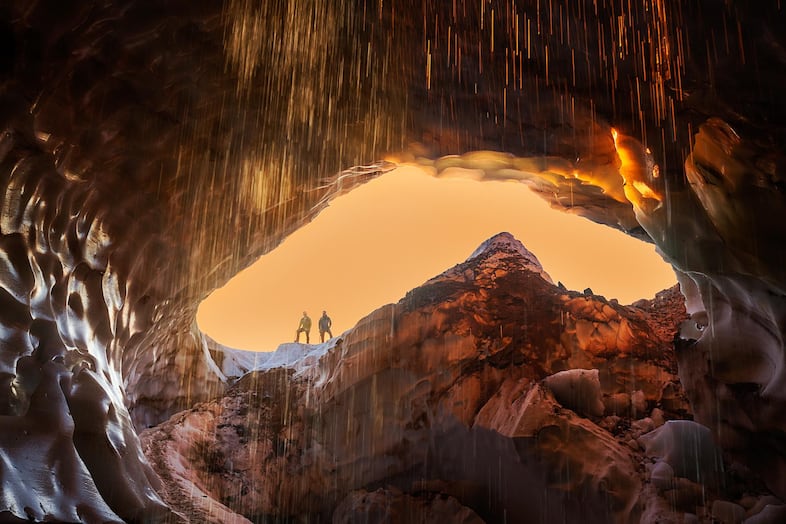 The mouth of the now-collapsed Snow Dragon cave used to point west toward the setting sun. The setting made for spectacular photos.