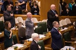 State Rep. Bill Post, R-Keizer, takes the Pledge of Allegiance in the Oregon House of Representatives, Salem, Ore., Monday, Jan. 14, 2019.