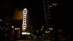 The Portland sign on Arlene Schnitzer Concert Hall lights up an empty street Saturday, April 18, 2020, in Portland, Ore. Oregon Gov. Kate Brown banned large gatherings in March to slow the spread of COVID-19.