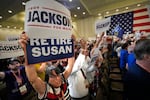Delegates cheer for Troy Jackson at the Maine Democratic Nominating Convention on Saturday in Bangor.
