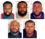 This combo of booking images provided by the Shelby County Sheriff's Office shows, from top row from left, Tadarrius Bean, Demetrius Haley, Emmitt Martin III, bottom row from left, Desmond Mills, Jr. and Justin Smith. The former Memphis police officers are charged in the January killing of Tyre Nichols, a Black man who was handcuffed and brutally beaten by officers following a traffic stop.