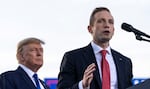 Former President Donald Trump listens as Max Miller, Republican nominee for Ohio's 7th Congressional District, speaks during a rally on April 23 in Delaware, Ohio.