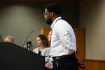Andrés Portela III (center) attends his final Bend City Council meeting in Bend, Ore., on Sep. 17, 2025.