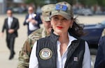 Michigan Gov. Gretchen Whitmer arrives to greet President Donald Trump before he speaks to Air National Guard Troops on April 29, 2025 at Selfridge Air National Guard Base, Michigan.
