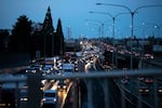 FILE - Traffic is shown heading south on I-5 toward downtown Seattle on Tuesday, November 5, 2024.