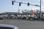 In this provided photo, nurses from St. Charles Medical Center in Bend hold an informational picket on April 24, 2023. The two sides reached a tentative agreement on a contract on Wednesday.