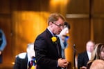 Oregon state Sen. Tim Knopp, R-Bend, speaks on the floor of the Senate on Monday, Jan. 14, 2019, at the Oregon Capitol in Salem, Ore.