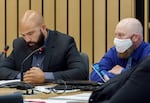 Joey Gibson, left, and Russell Schultz, III, during trial on Monday, July 18, 2022, in Multnomah County Circuit Court. Gibson and Schultz were acquitted of charges relating to a 2019 brawl at a Portland bar.