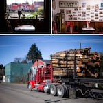 Top left: The Boondocks, a restaurant in Falls City, Ore.; top right: Frink’s General Store, a market in town; bottom: a truck carrying logs rolls through Falls City.