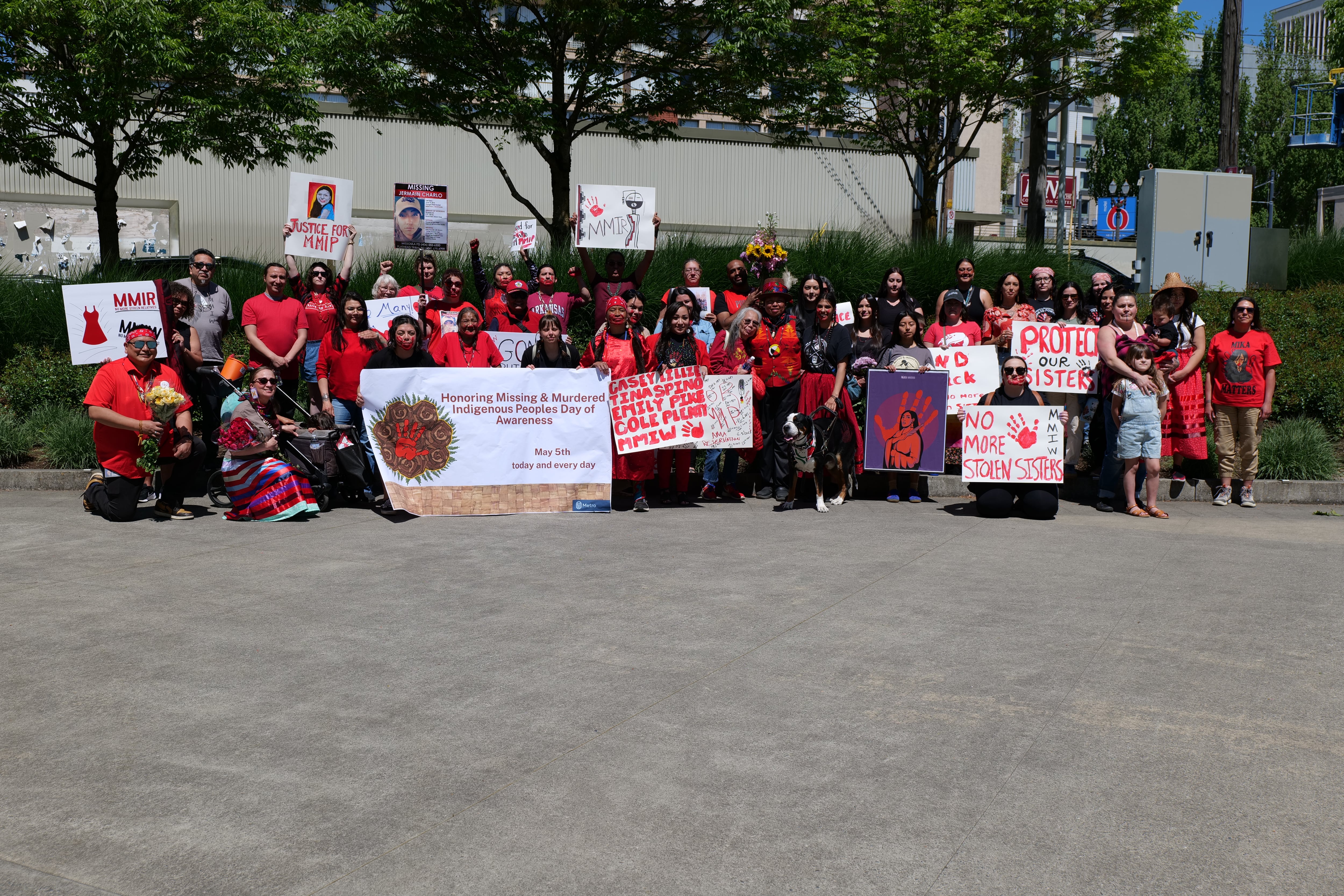 Dozens of Indigenous community members and allies gathered at the Oregon Convention Center Plaza in Portland for the MMIR Day of Awareness and Action hosted by the Portland MMIR Committee on May 5, 2025.