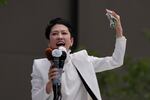 Renho, a Tokyo gubernatorial election candidate and a member of the House of Councilors, speaks during her campaign in Tokyo, as electoral activities for the Tokyo's gubernatorial election are officially allowed Thursday, June 20, 2024. Renho Saito, who usually goes by her first name, is one of over 20 candidates against incumbent Tokyo Gov. Yuriko Koike, who is also running for the post for her third term. 