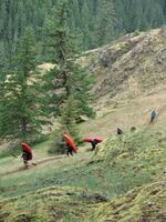 Kayakers carry their boats for miles to reach the goat path that will take them to an access point upriver of the Salmon River Gorge.