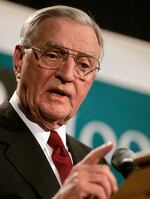 FILE - In a March 14, 2005, file photo, former Vice President Walter Mondale speaks during the Second Annual Hoover-Wallace Dinner before receiving a Hoover-Wallace Humanitarian Leadership Award in Des Moines, Iowa. Mondale, a liberal icon who lost the most lopsided presidential election after bluntly telling voters to expect a tax increase if he won, died Monday, April 19, 2021. He was 93.