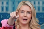 FILE - White House press secretary Karoline Leavitt points to a reporter to ask a question in the James Brady Press Briefing Room at the White House, March 30, 2026, in Washington.