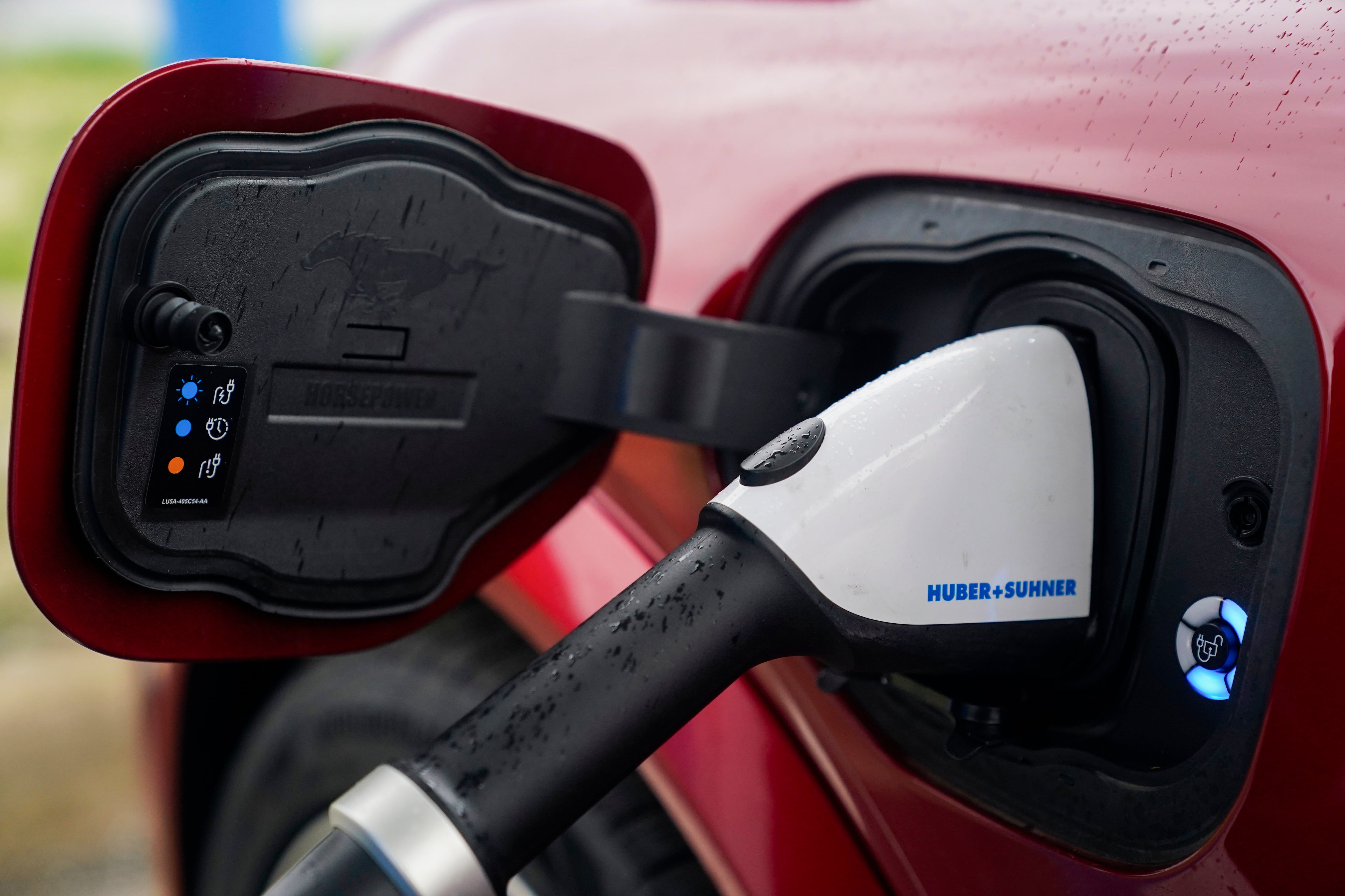 FILE - A 2023 Ford Mustang Mach-E charges, March 8, 2024, at an electric vehicle charging station in London, Ohio.