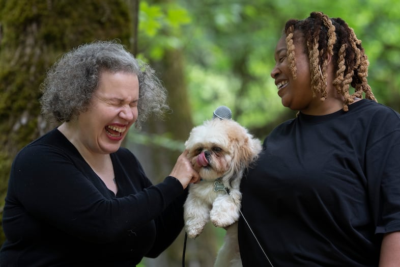 Host Andie Main, left, interviews Yashica Island, right, and dog Kendrick Lamar.