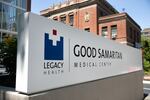 A nameplate outside of Legacy Good Samaritan Medical Center in Northwest Portland on July 28, 2023.
