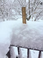 Reporter Jeff Mapes measures the snow gathered on his deck railing in Southeast Portland. 