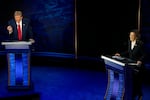 Republican presidential nominee former President Donald Trump and Democratic presidential nominee Vice President Kamala Harris participate during an ABC News presidential debate at the National Constitution Center, Tuesday, Sept.10, 2024, in Philadelphia.