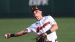 FILE - Oregon State infielder Travis Bazzana plays during an NCAA regional baseball game against Tulane on May 31, 2024, in Corvallis, Ore. Bazzana was taken by the Cleveland Guardians on Sunday, July 14, 2024, with the top pick in Major League Baseball’s amateur draft.