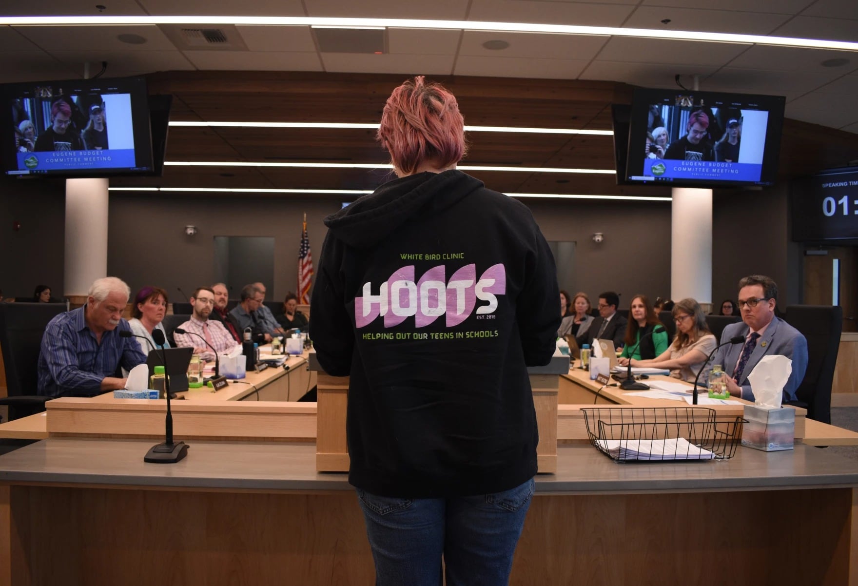 A CAHOOTS supporter speaks at Eugene's Budget Committee, May 21, 2025.