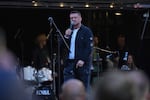 Tommy Robinson speaks during the Unite the Kingdom march and rally near Westminster, London, on Saturday.