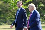 President Donald Trump walks with Eric Trump as they prepare to depart on Marine One from the South Lawn of the White House, Friday, April 10, 2026, in Washington. 